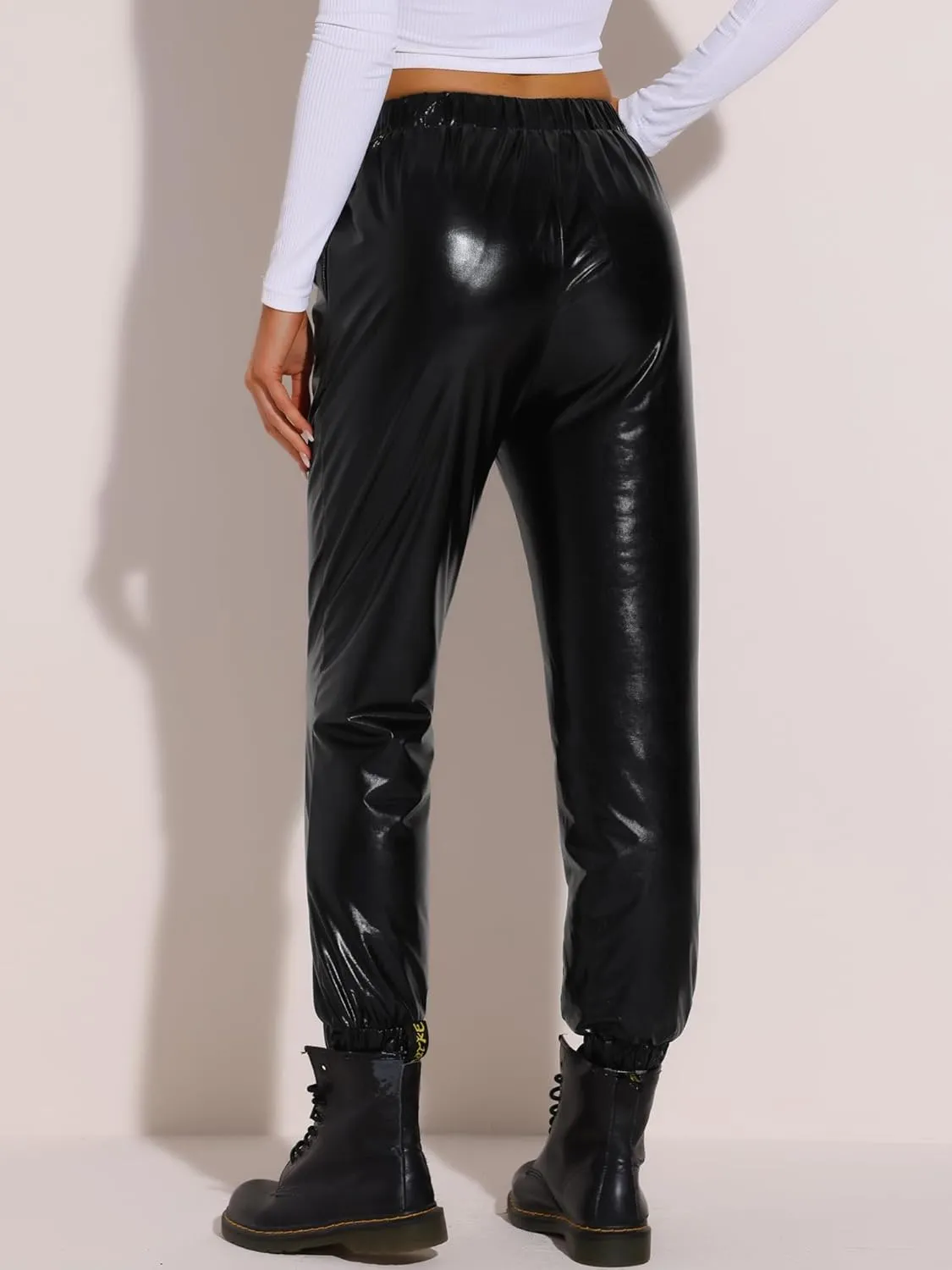 Allegra K Women's Metallic Trousers Christmas Shiny Sparkle Elastic Waist Holographic Pants