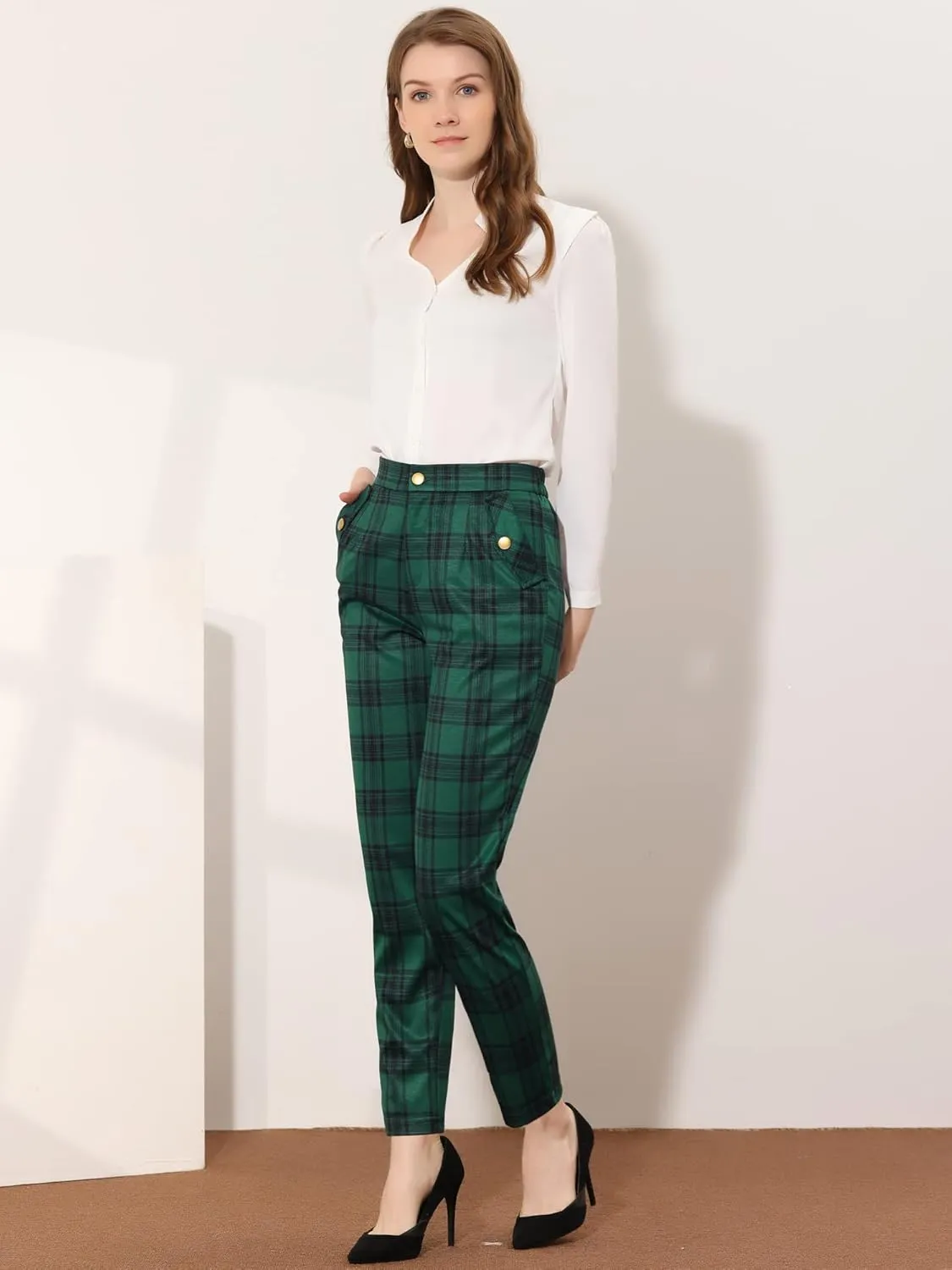Allegra K Women's Vintage Tartan Plaid Pants Elastic Waist Straight Long Trousers