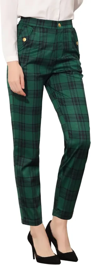 Allegra K Women's Vintage Tartan Plaid Pants Elastic Waist Straight Long Trousers
