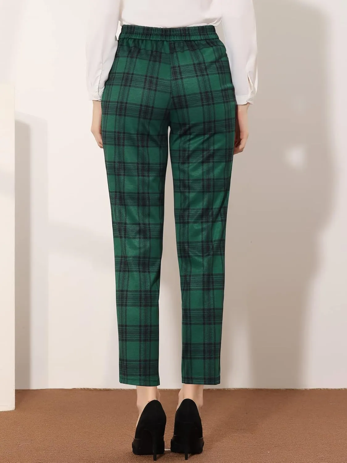 Allegra K Women's Vintage Tartan Plaid Pants Elastic Waist Straight Long Trousers