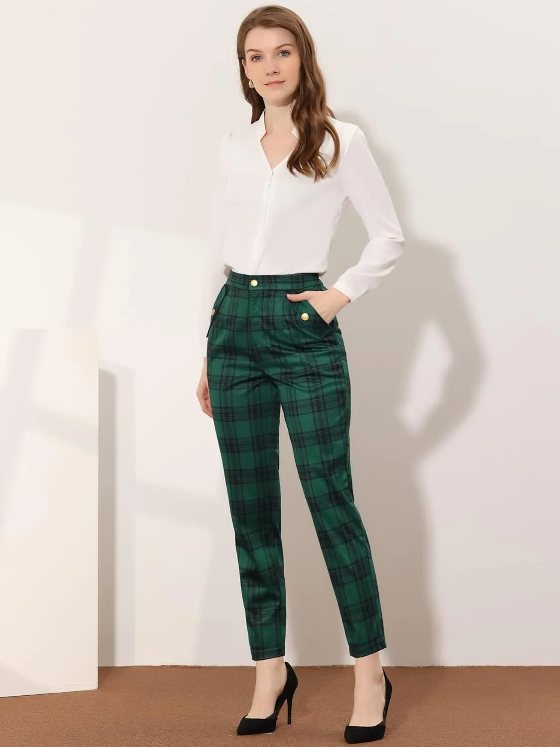 Allegra K Women's Vintage Tartan Plaid Pants Elastic Waist Straight Long Trousers
