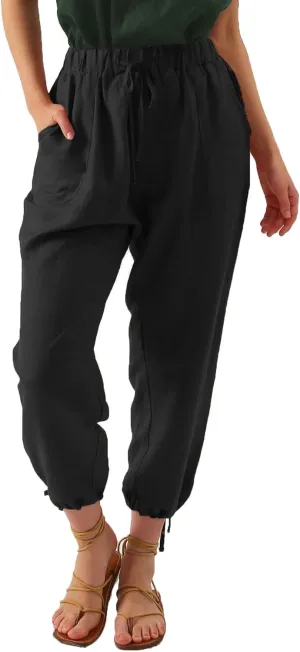 Amazhiyu Womens Linen Pencil Pants with Pockets High Waist Drawstring Trousers