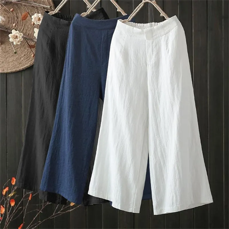 Andongnywell Womens Casual Loose Elastic Waist Cotton Trouser Cropped Wide Leg Pants Cotton Linen Pants