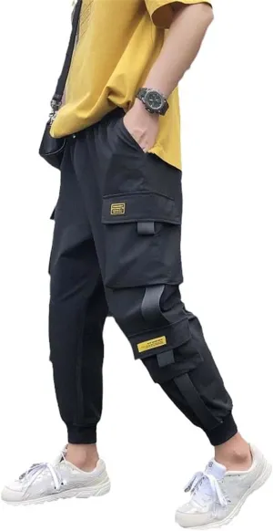 Aoleaky Men's Streetwear Clothing Elastic Waist Harem Pants Casual Loose Cotton Joggers with Ribbons