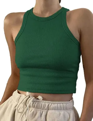 Artfish Women Casual Basic Sleeveless High Neck Rib-Knit Y2k Crop Tank Top