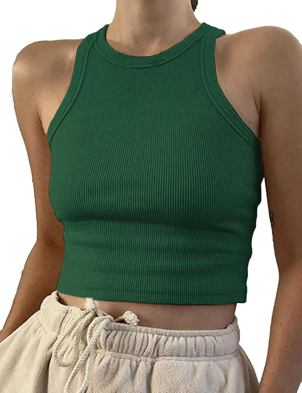 Artfish Women Casual Basic Sleeveless High Neck Rib-Knit Y2k Crop Tank Top