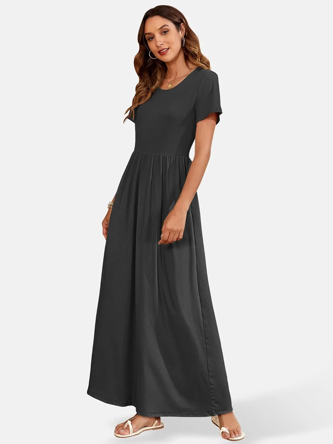 AUSELILY Womens Maxi Dress Casual Short Sleeve Summer Dresses Crewneck Sundresses with Pockets