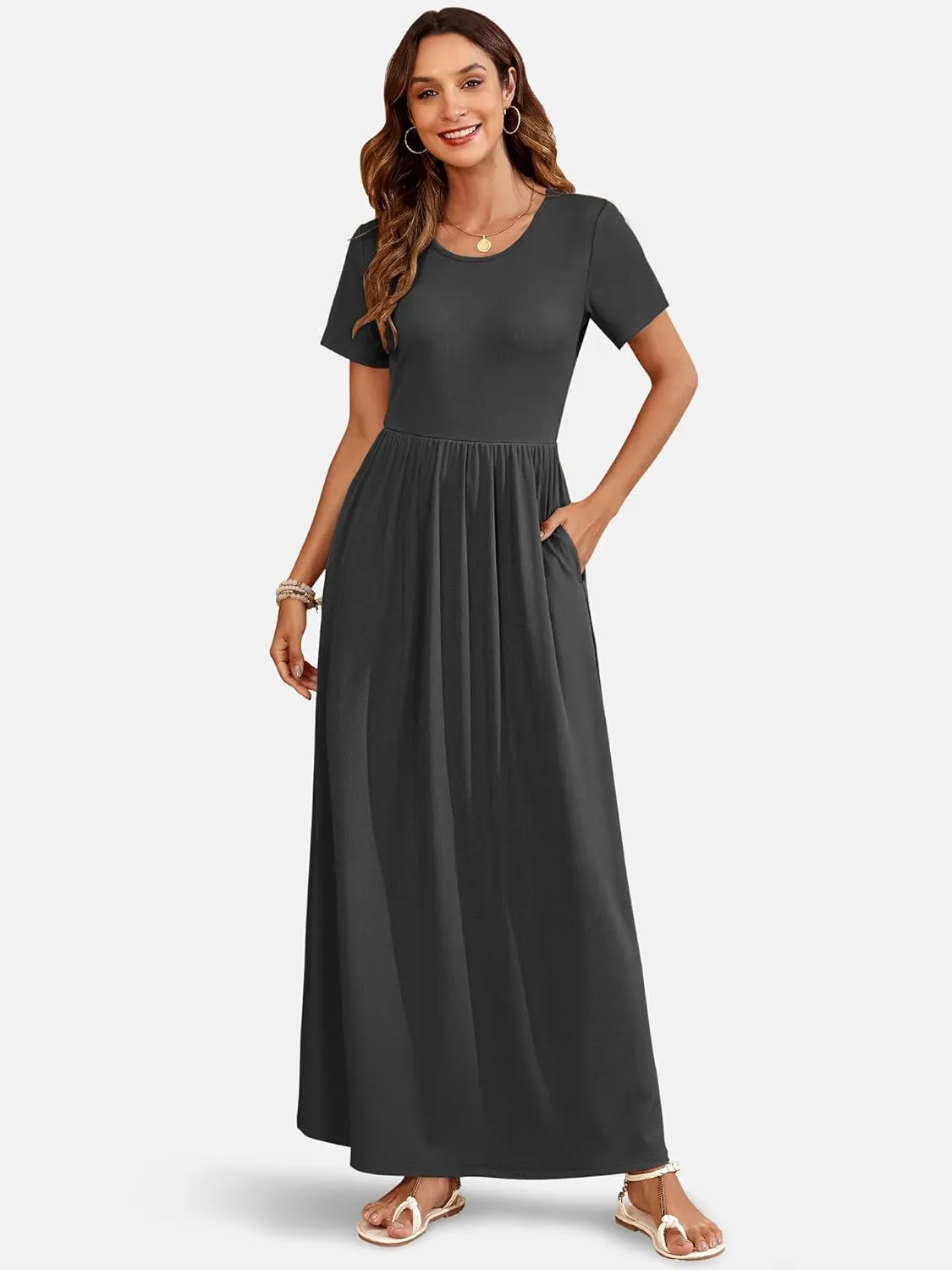 AUSELILY Womens Maxi Dress Casual Short Sleeve Summer Dresses Crewneck Sundresses with Pockets