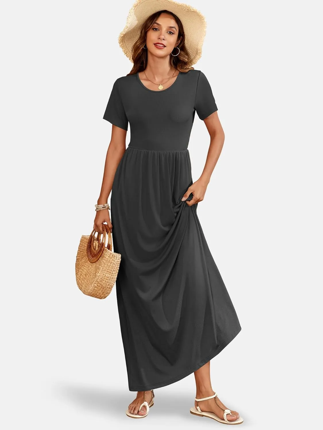 AUSELILY Womens Maxi Dress Casual Short Sleeve Summer Dresses Crewneck Sundresses with Pockets
