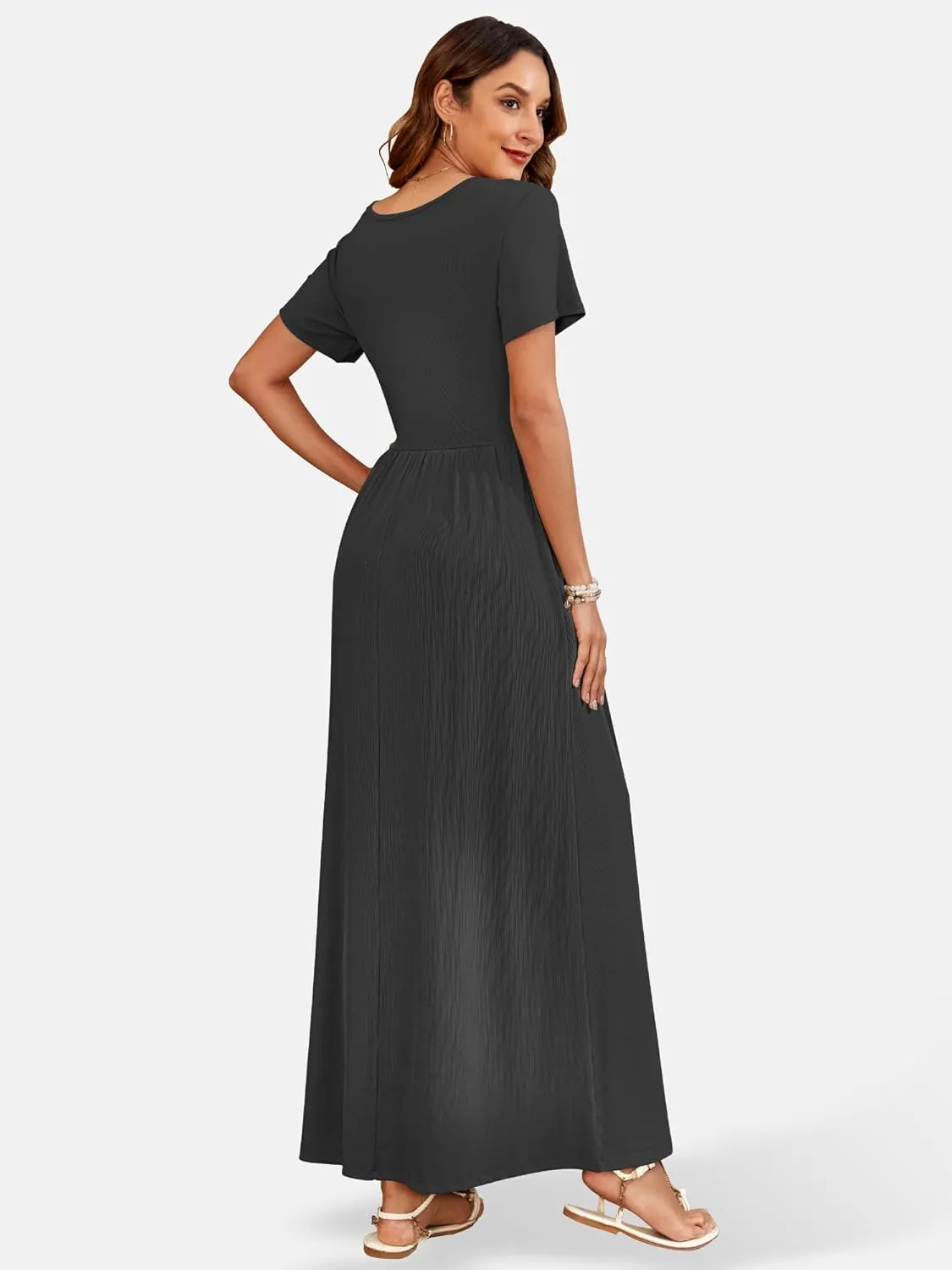 AUSELILY Womens Maxi Dress Casual Short Sleeve Summer Dresses Crewneck Sundresses with Pockets