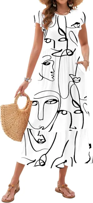 AUSELILY Womens Summer Maxi Dresses 2025 Casual Ruffle Sleeve Crewneck Loose Flowy Tiered Beach Sundress with Pockets