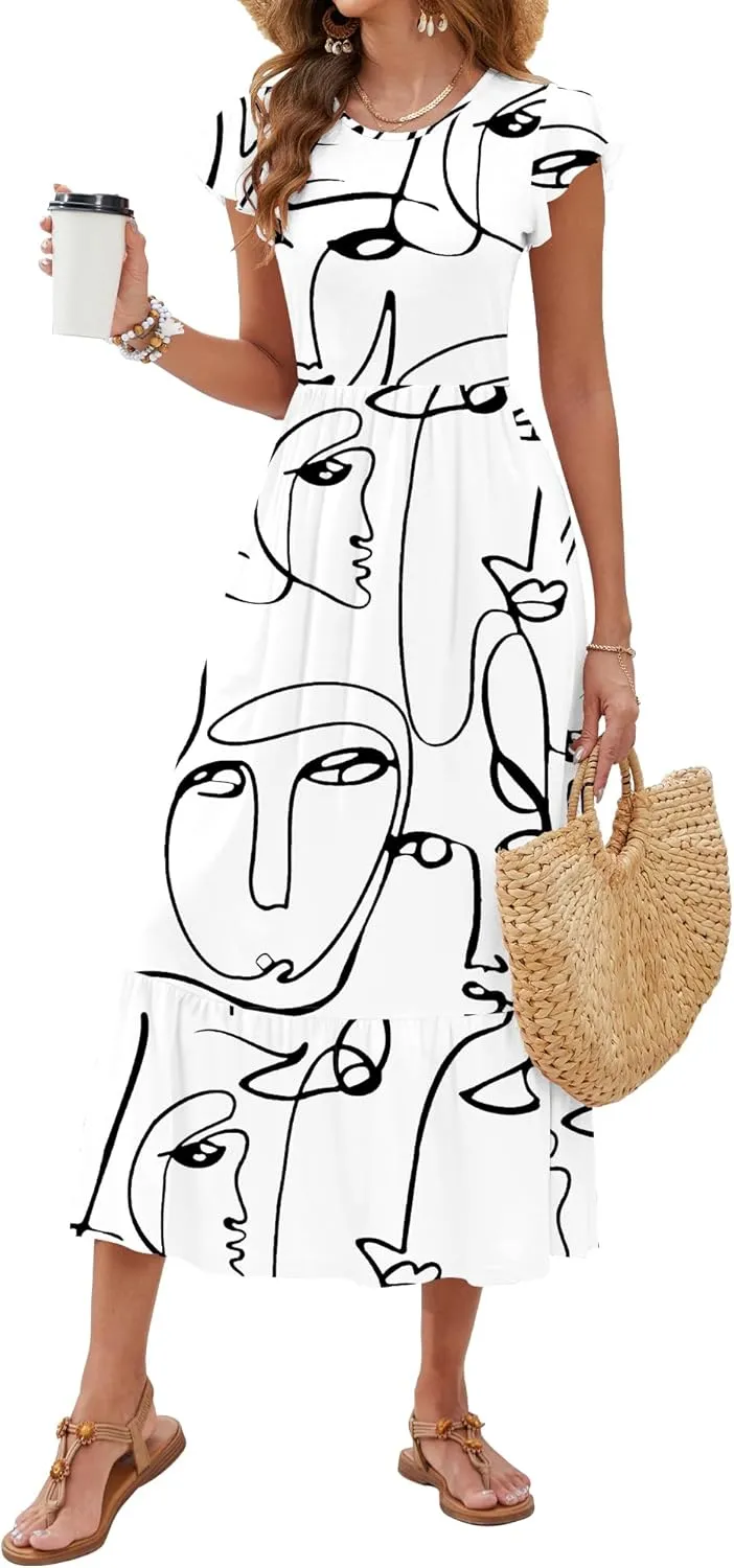 AUSELILY Womens Summer Maxi Dresses 2025 Casual Ruffle Sleeve Crewneck Loose Flowy Tiered Beach Sundress with Pockets