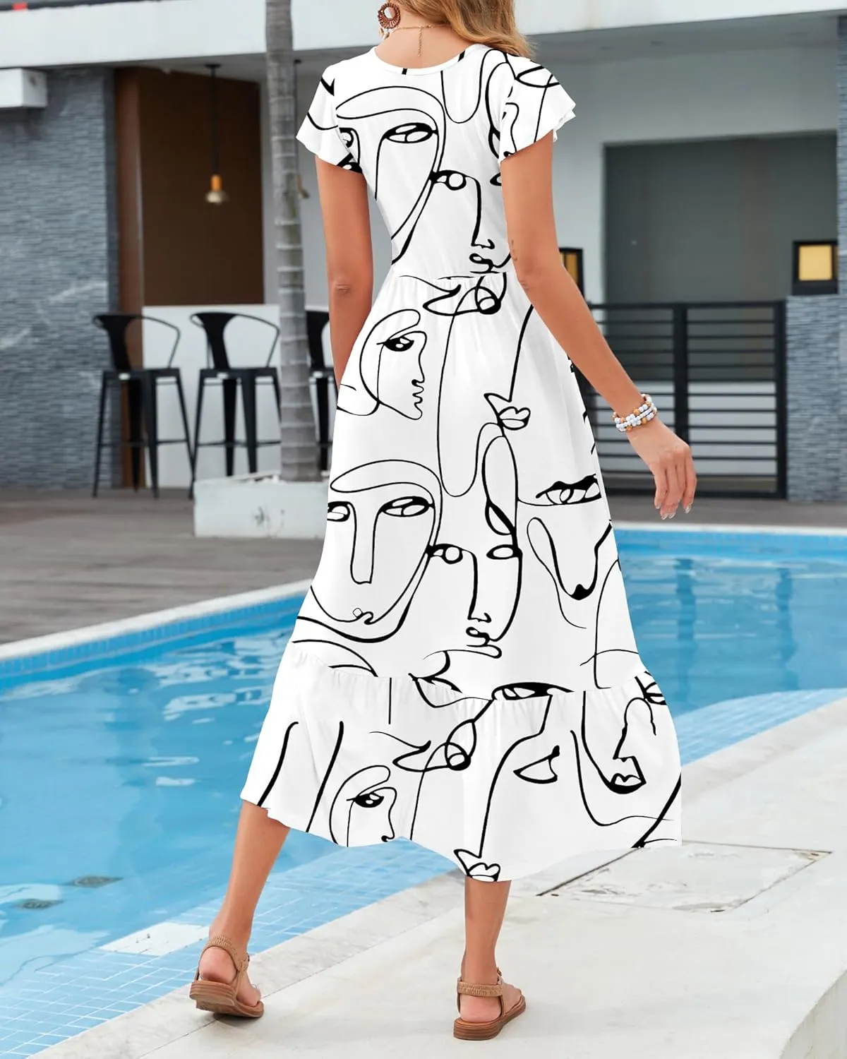 AUSELILY Womens Summer Maxi Dresses 2025 Casual Ruffle Sleeve Crewneck Loose Flowy Tiered Beach Sundress with Pockets