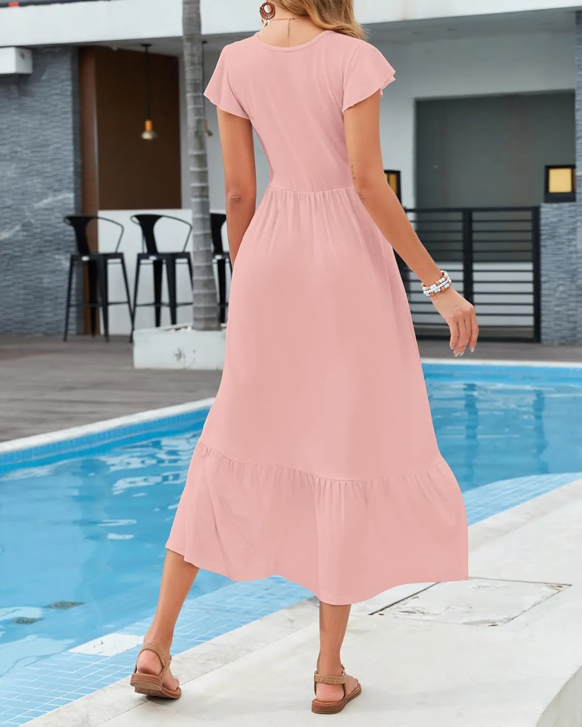AUSELILY Womens Summer Maxi Dresses 2025 Casual Ruffle Sleeve Crewneck Loose Flowy Tiered Beach Sundress with Pockets