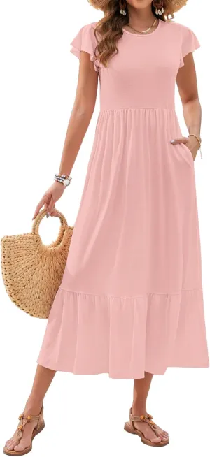 AUSELILY Womens Summer Maxi Dresses 2025 Casual Ruffle Sleeve Crewneck Loose Flowy Tiered Beach Sundress with Pockets