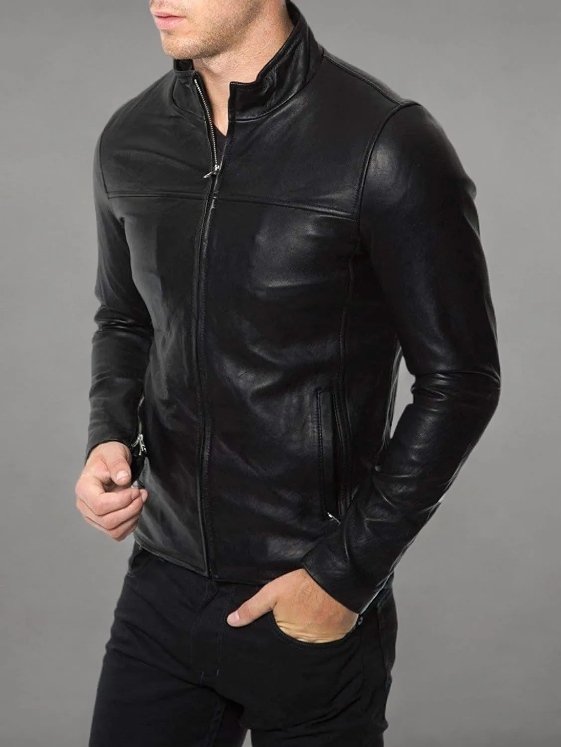 Azrah 100% Leather Jacket for Men - Round Collar Slim Fit - Moto, Bomber, Biker Winter Wear