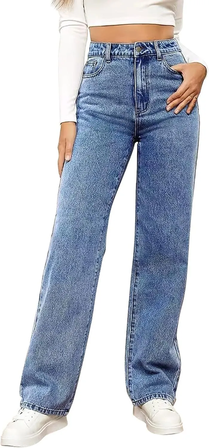 Baggy Pants for Women 2025 Trendy Soild Color Stretchy Wide Leg Jeans y2k Plus Size High Waisted Trousers with Pockets