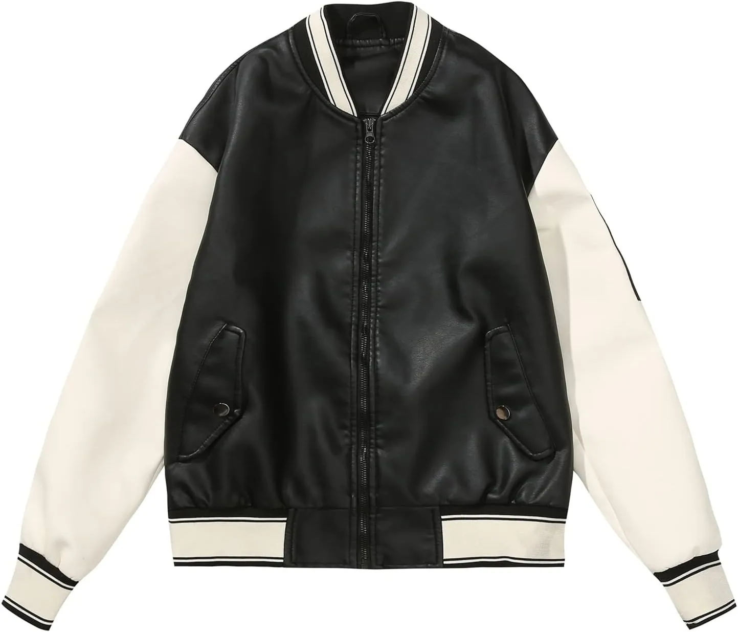 BAICAIYU Women's Baseball Leather Jacket Long Sleeve Zipper Campus Jacket Classic Patchwork Color Windproof Coat