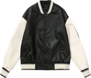 BAICAIYU Women's Baseball Leather Jacket Long Sleeve Zipper Campus Jacket Classic Patchwork Color Windproof Coat