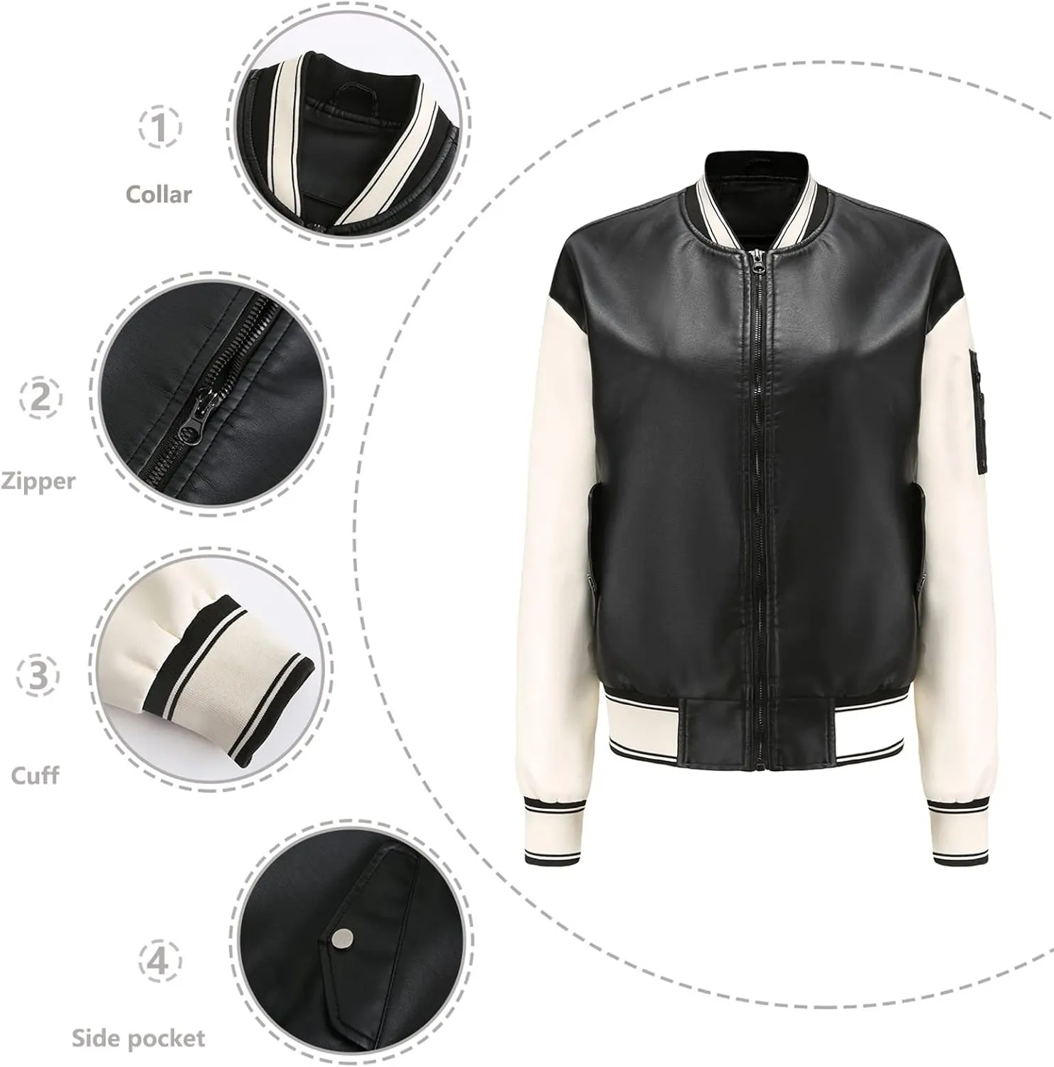 BAICAIYU Women's Baseball Leather Jacket Long Sleeve Zipper Campus Jacket Classic Patchwork Color Windproof Coat