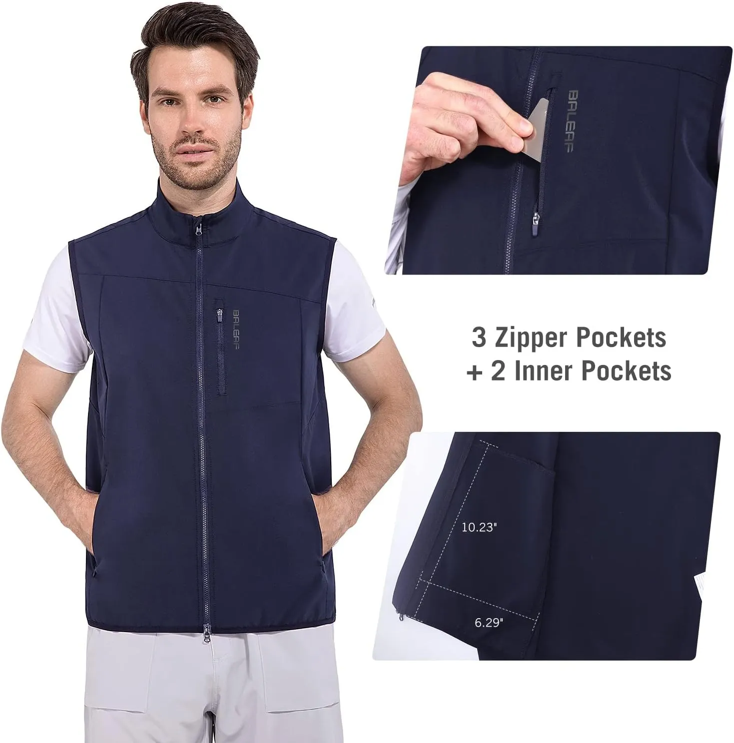 baleaf Men's Golf Vest Lightweight Sleeveless Running Stretch Breathable Running 5 Zip Pockets Windproof Hiking Outwear