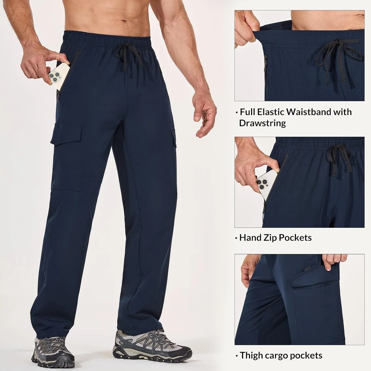 baleaf Men's Hiking Pants Water Resistant Cargo Quick Dry Travel Elastic Waist with Zip Pockets UPF 50  for Work Running