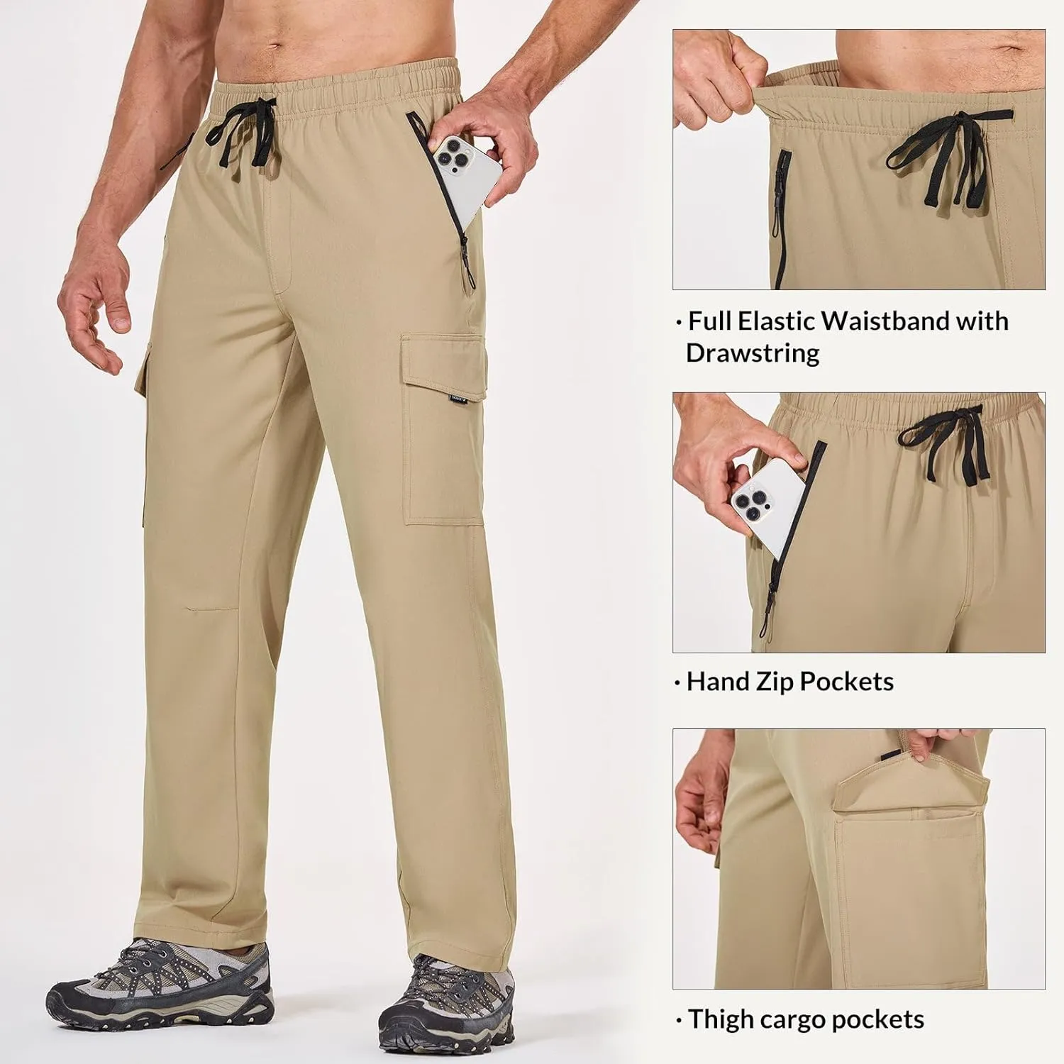 baleaf Men's Hiking Pants Water Resistant Cargo Quick Dry Travel Elastic Waist with Zip Pockets UPF 50  for Work Running