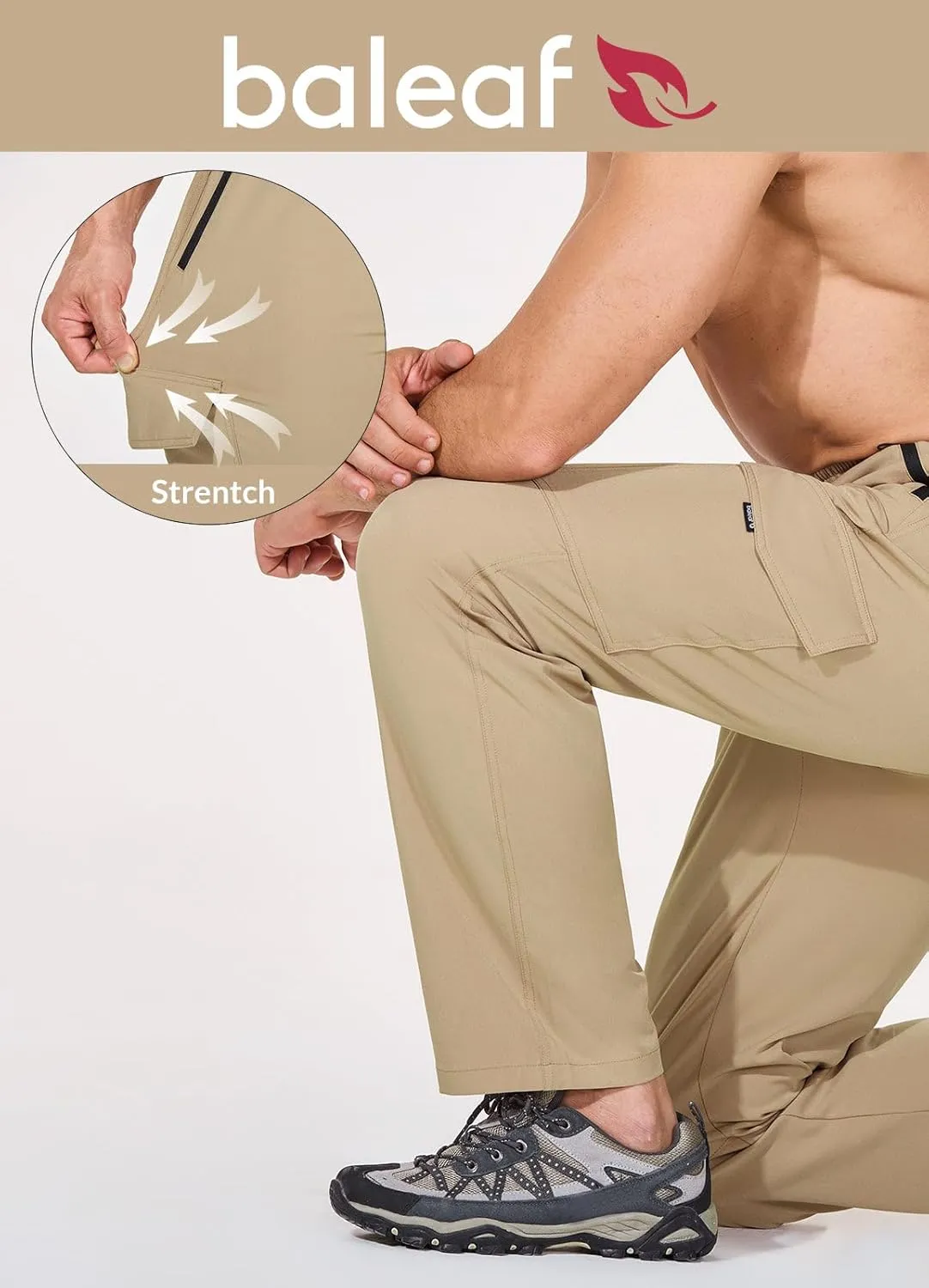 baleaf Men's Hiking Pants Water Resistant Cargo Quick Dry Travel Elastic Waist with Zip Pockets UPF 50  for Work Running