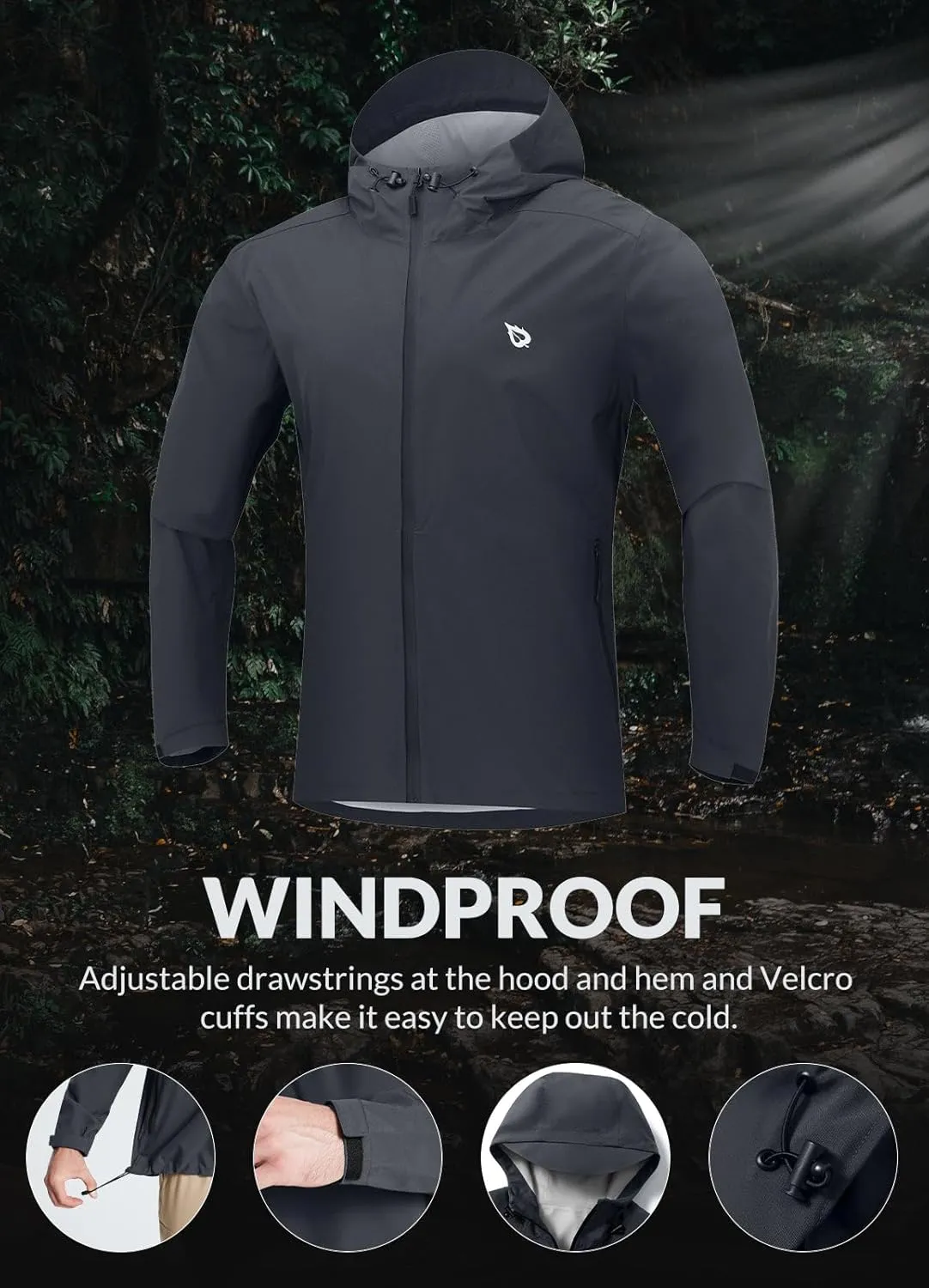 baleaf Men's Rain Jacket Lightweight Packable Waterproof Rain Coat Breathable Windbreaker Hood Hiking Golf Travel Outdoor