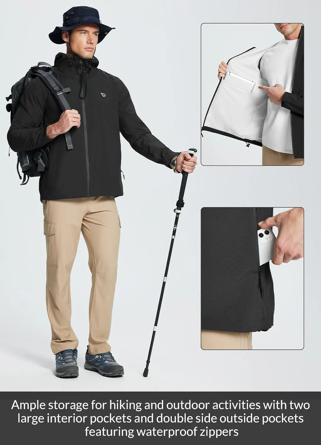 baleaf Men's Rain Jacket Lightweight Packable Waterproof Rain Coat Breathable Windbreaker Hood Hiking Golf Travel Outdoor