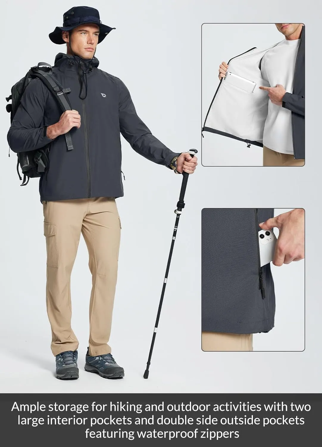 baleaf Men's Rain Jacket Lightweight Packable Waterproof Rain Coat Breathable Windbreaker Hood Hiking Golf Travel Outdoor
