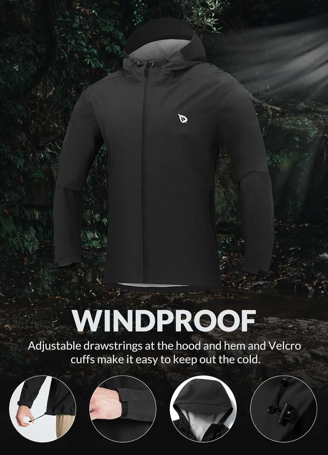 baleaf Men's Rain Jacket Lightweight Packable Waterproof Rain Coat Breathable Windbreaker Hood Hiking Golf Travel Outdoor