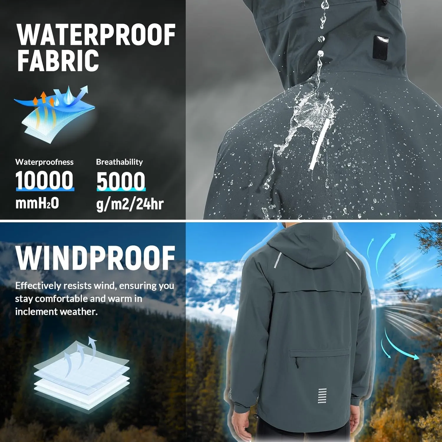 baleaf Men's Rain Jacket Waterproof Running Cycling Windbreaker Golf Hiking Gear Hood Raincoat Packable Reflective