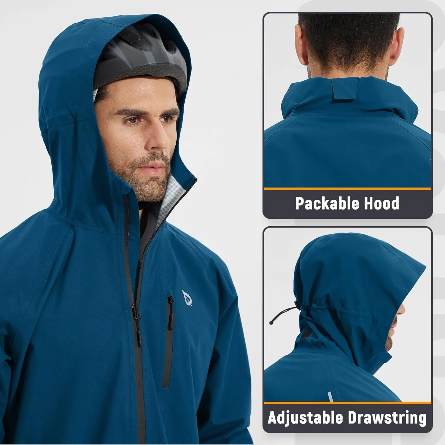 baleaf Men's Rain Jacket Waterproof Running Cycling Windbreaker Golf Hiking Gear Hood Raincoat Packable Reflective