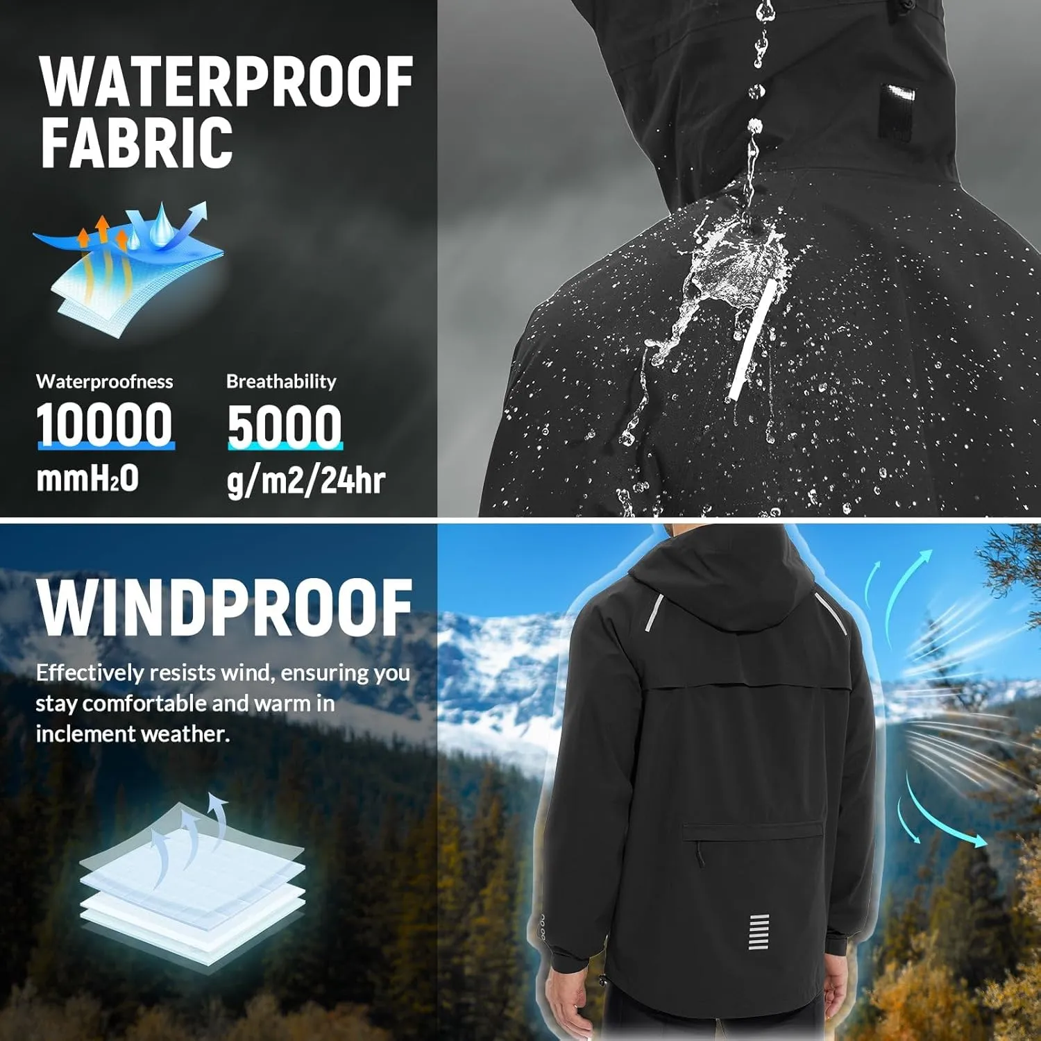 baleaf Men's Rain Jacket Waterproof Running Cycling Windbreaker Golf Hiking Gear Hood Raincoat Packable Reflective