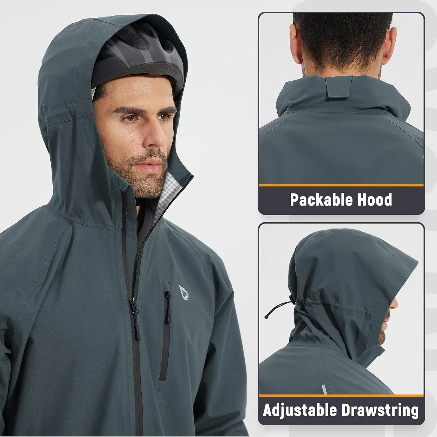 baleaf Men's Rain Jacket Waterproof Running Cycling Windbreaker Golf Hiking Gear Hood Raincoat Packable Reflective