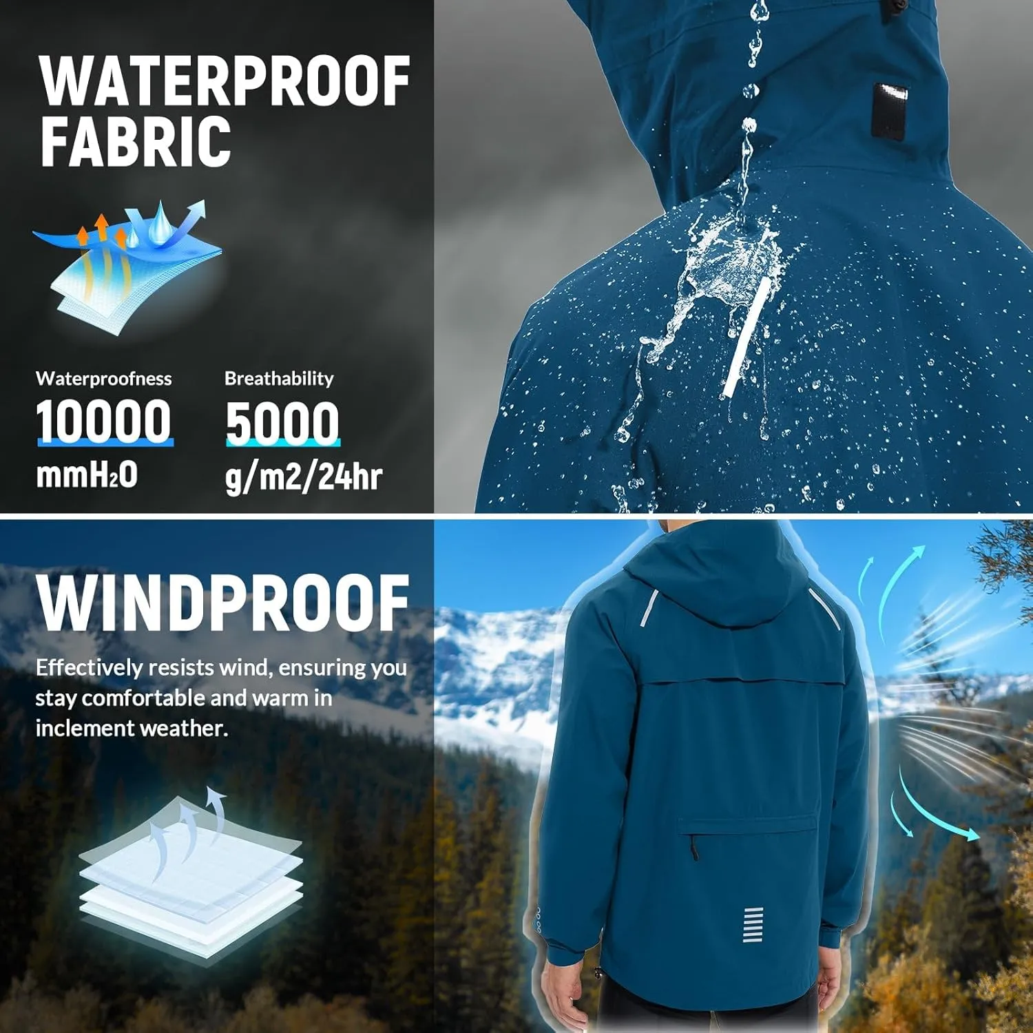 baleaf Men's Rain Jacket Waterproof Running Cycling Windbreaker Golf Hiking Gear Hood Raincoat Packable Reflective