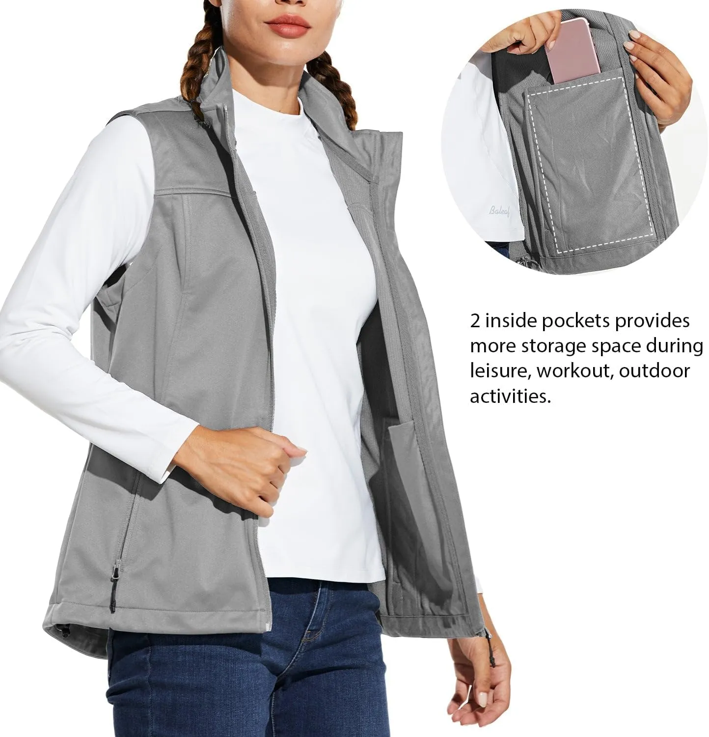 baleaf Women's Lightweight Vest Softshell Sleeveless Jacket Windproof Stand Collar with Zipper Pockets Running Hiking Golf