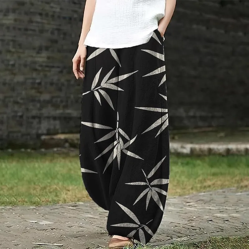 Bengbobar Boho Pants for Women Summer Plus Size Pants Japanese Art Print Casual Pants Elastic Waist Lantern Trouser
