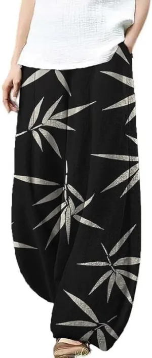 Bengbobar Boho Pants for Women Summer Plus Size Pants Japanese Art Print Casual Pants Elastic Waist Lantern Trouser