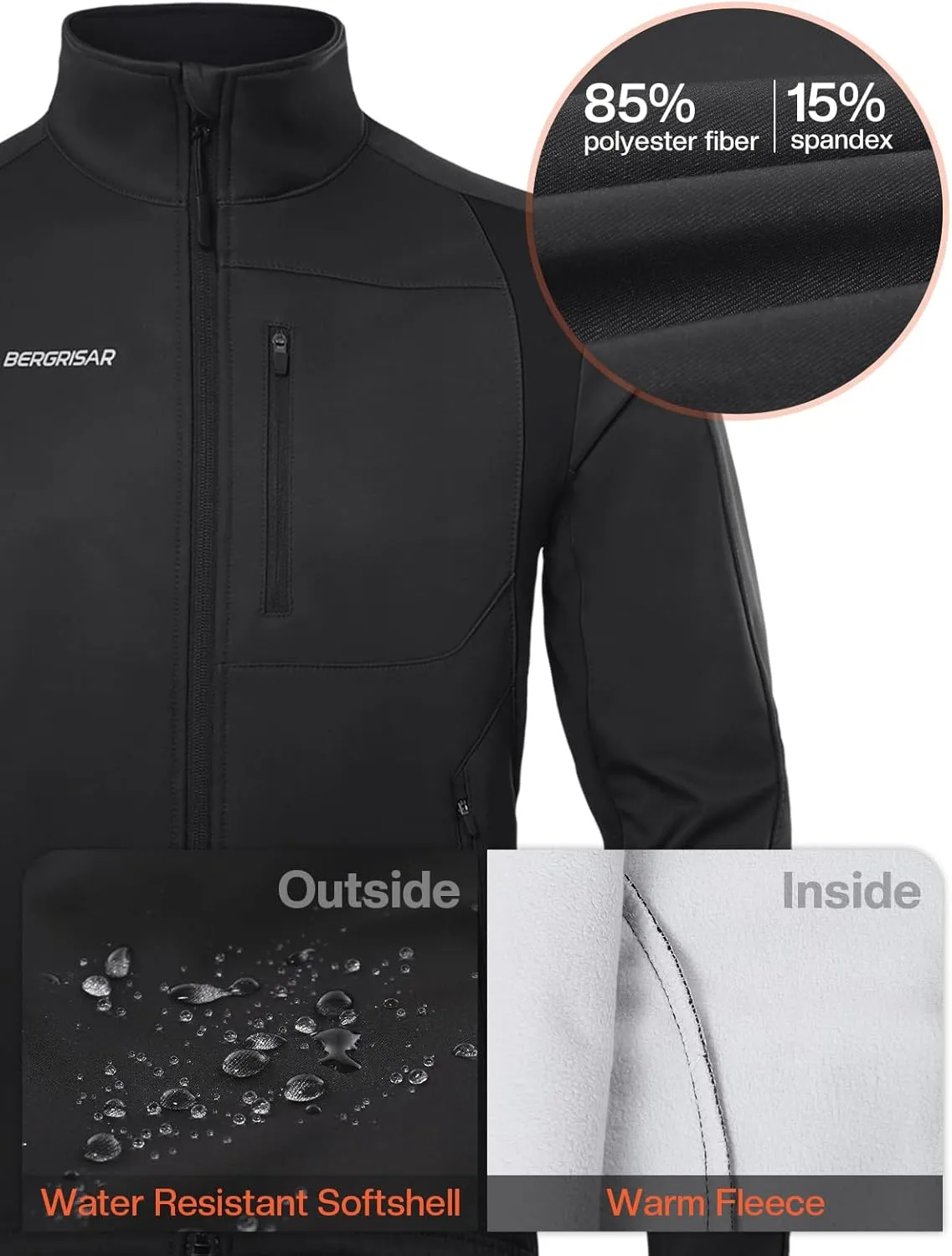 BERGRISAR Winter Cycling Jacket for Men with 6 Pockets Windproof Thermal Softshell Bike Jacket Running Windbreaker