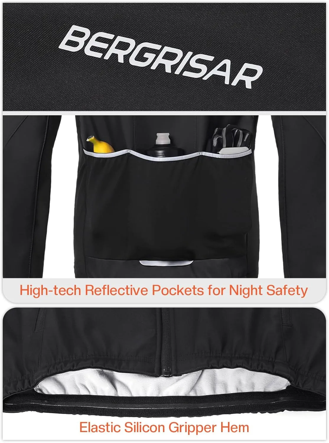BERGRISAR Winter Cycling Jacket for Men with 6 Pockets Windproof Thermal Softshell Bike Jacket Running Windbreaker