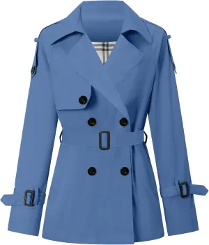 Betusline Women's Double Breasted Short Trench Coat with Belt