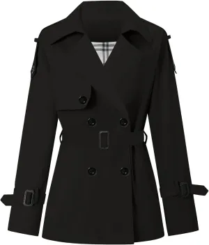 Betusline Women's Double Breasted Short Trench Coat with Belt