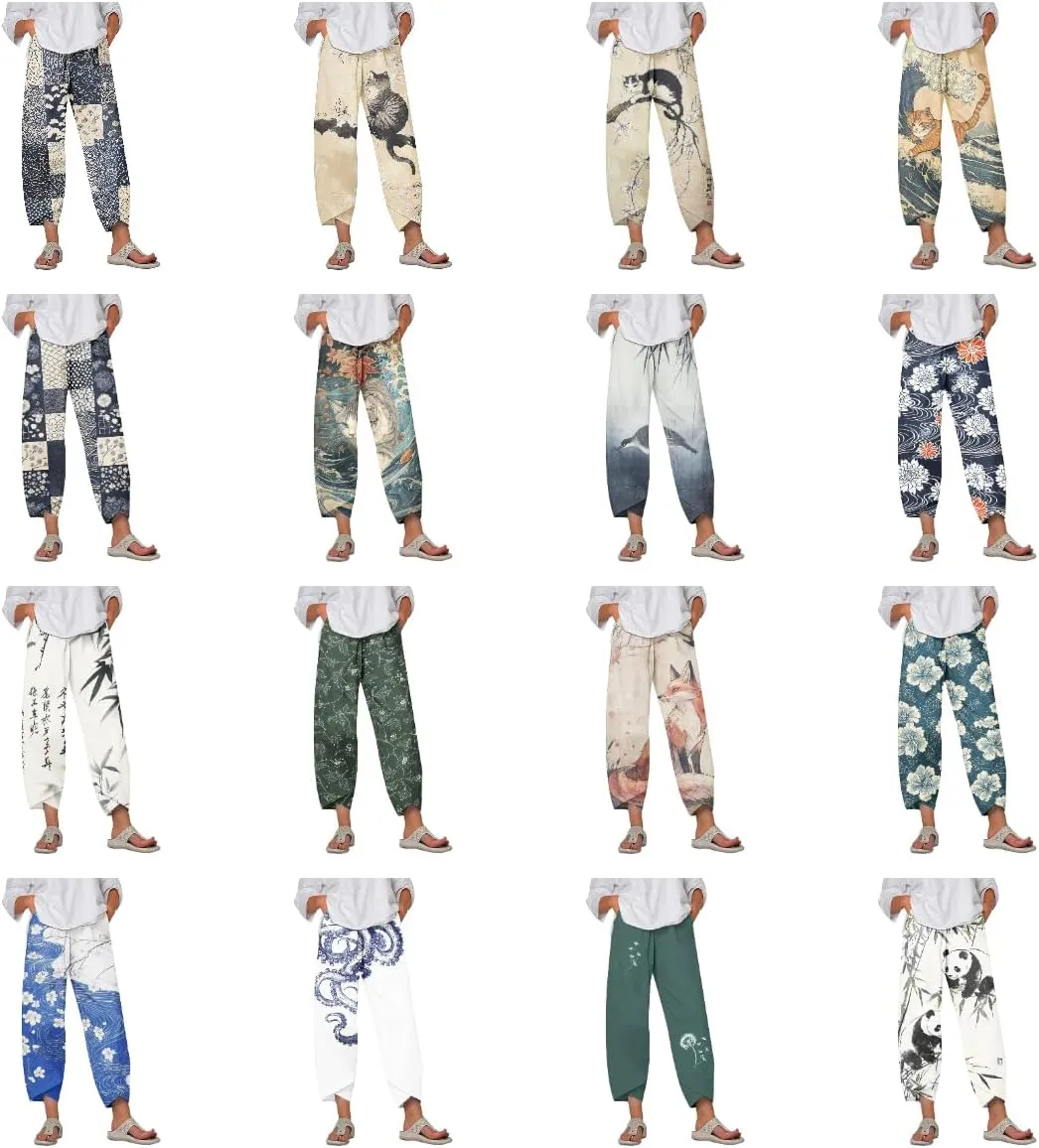 Boho Capri Pants for Women Japanese Asian Palazzo High Elastic Waist Trousers Pants with Pockets Summer Beach