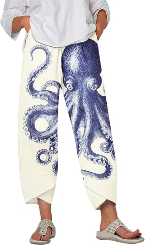 Boho Capri Pants for Women Japanese Asian Palazzo High Elastic Waist Trousers Pants with Pockets Summer Beach