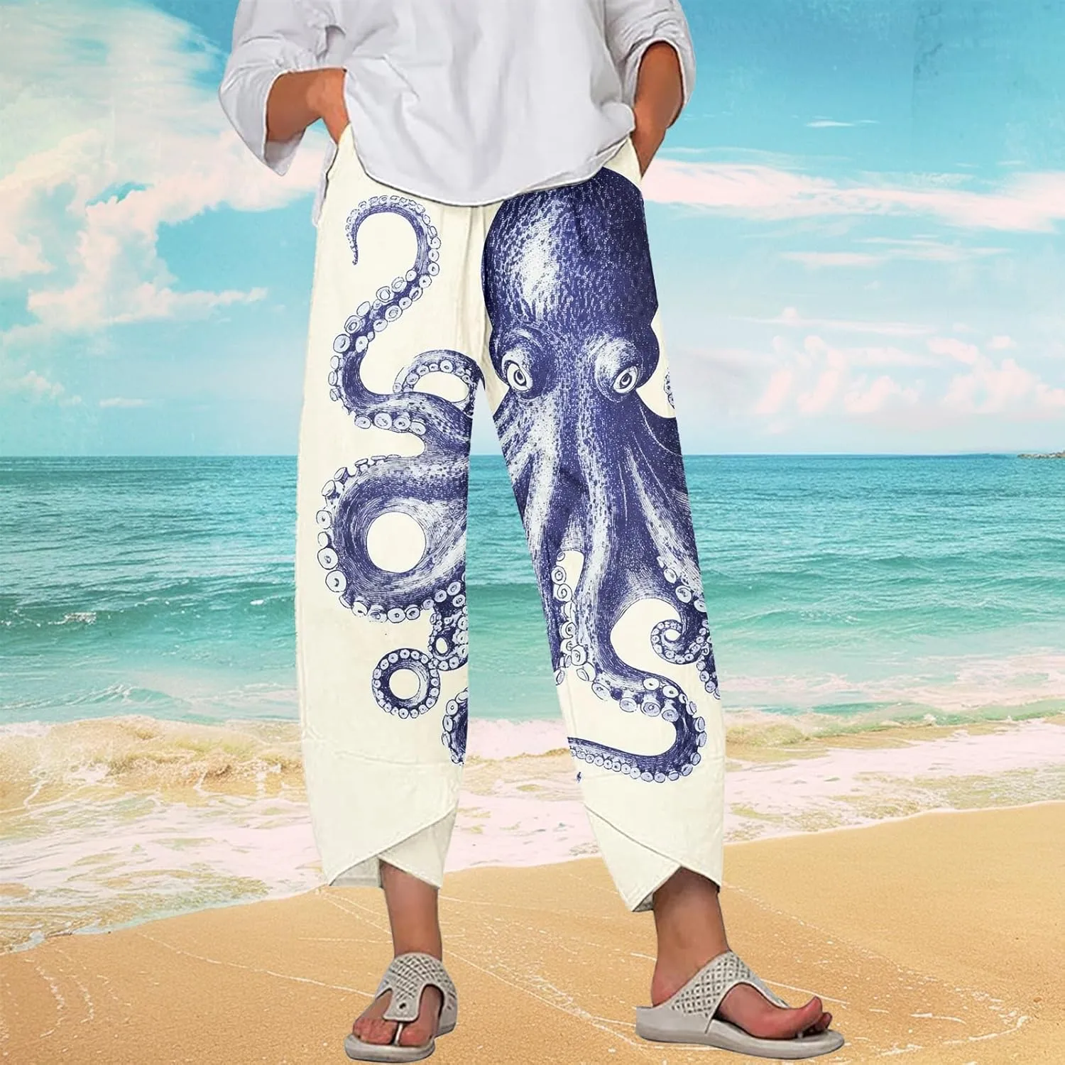 Boho Capri Pants for Women Japanese Asian Palazzo High Elastic Waist Trousers Pants with Pockets Summer Beach