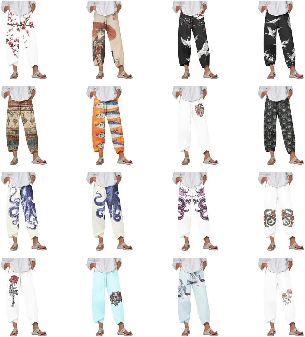 Boho Capri Pants for Women Japanese Asian Palazzo High Elastic Waist Trousers Pants with Pockets Summer Beach