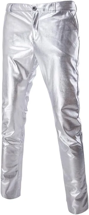Boyland Mens Casual Night Club Metallic Moto Jeans Style Flat Front Suit Pants Straight Leg Trousers Disco