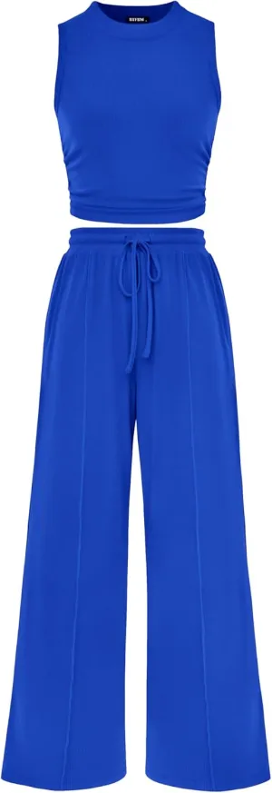 BTFBM Women Summer 2 Piece Outfits 2025 Beach Crew Neck Sleeveless Cropped Top Elastic Waist Wide Leg Pants Lounge Set